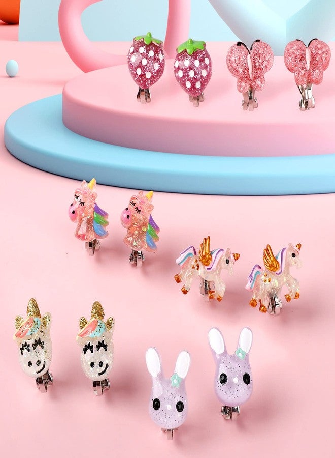 Wingchold Unicorn Clip On Earrings for Little Girls, Bling Butterfly and Strawberry Earrings, Toddler Girls Dress Up Jewelry, 6 Pairs, Best Gift-C - Image 3